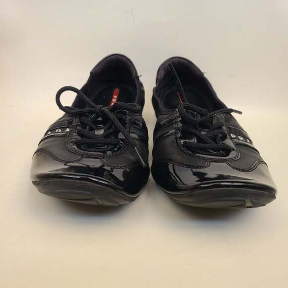 Prada Sport Black Patent Leather Lace Up Ballet Sneakers EU 37.5 US 7 - Picture 3 of 16